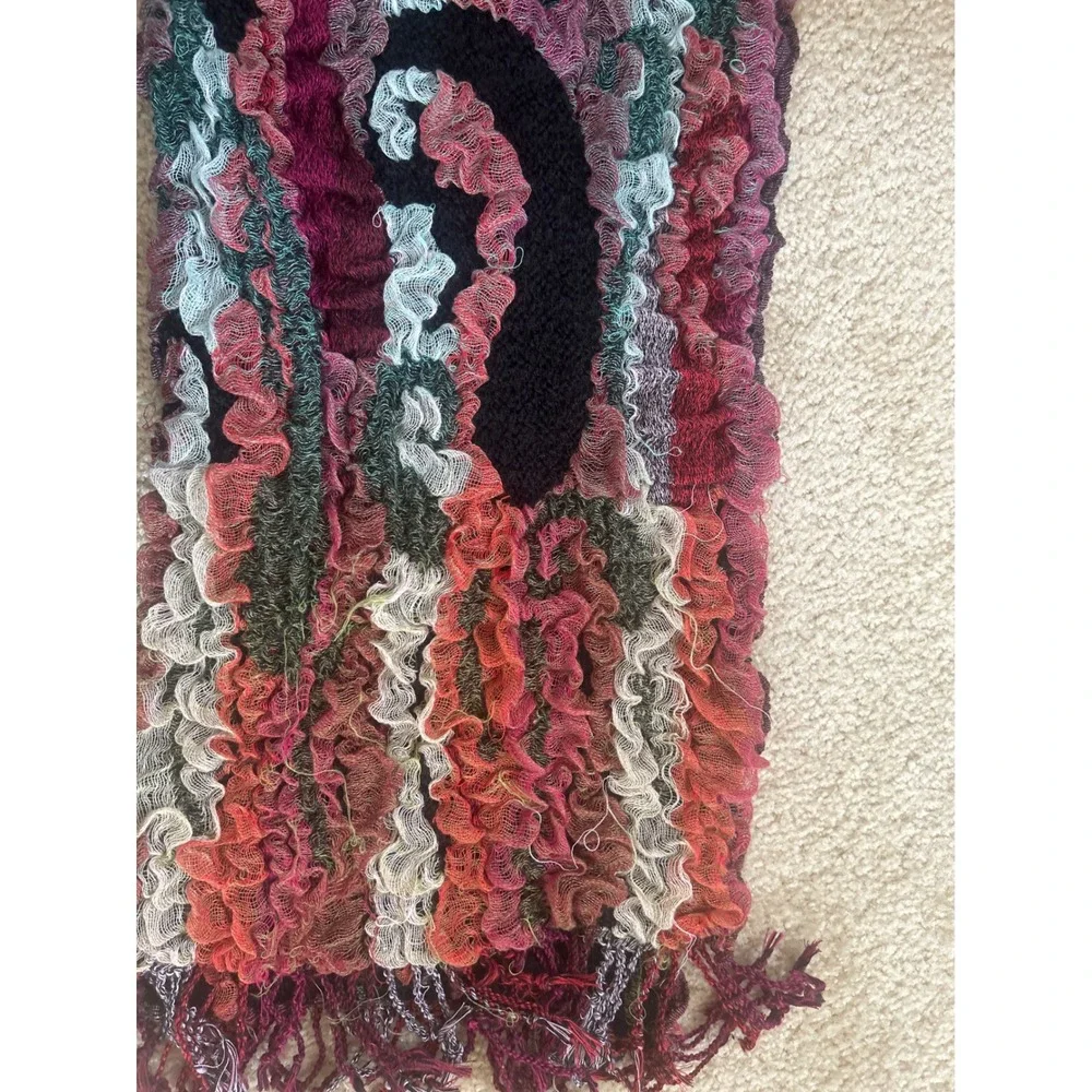 Handmade Ruffle Knit Scarf Multi Color Textured Fringe Viscose Blend 82x13